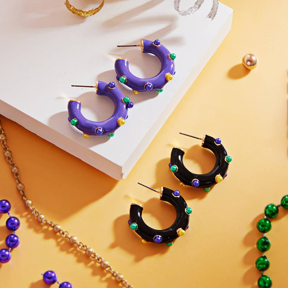 Sensibling Corp. - Wholesale Hoop Earrings - Mardi Gras Pearl Embellished Hoop Earrings