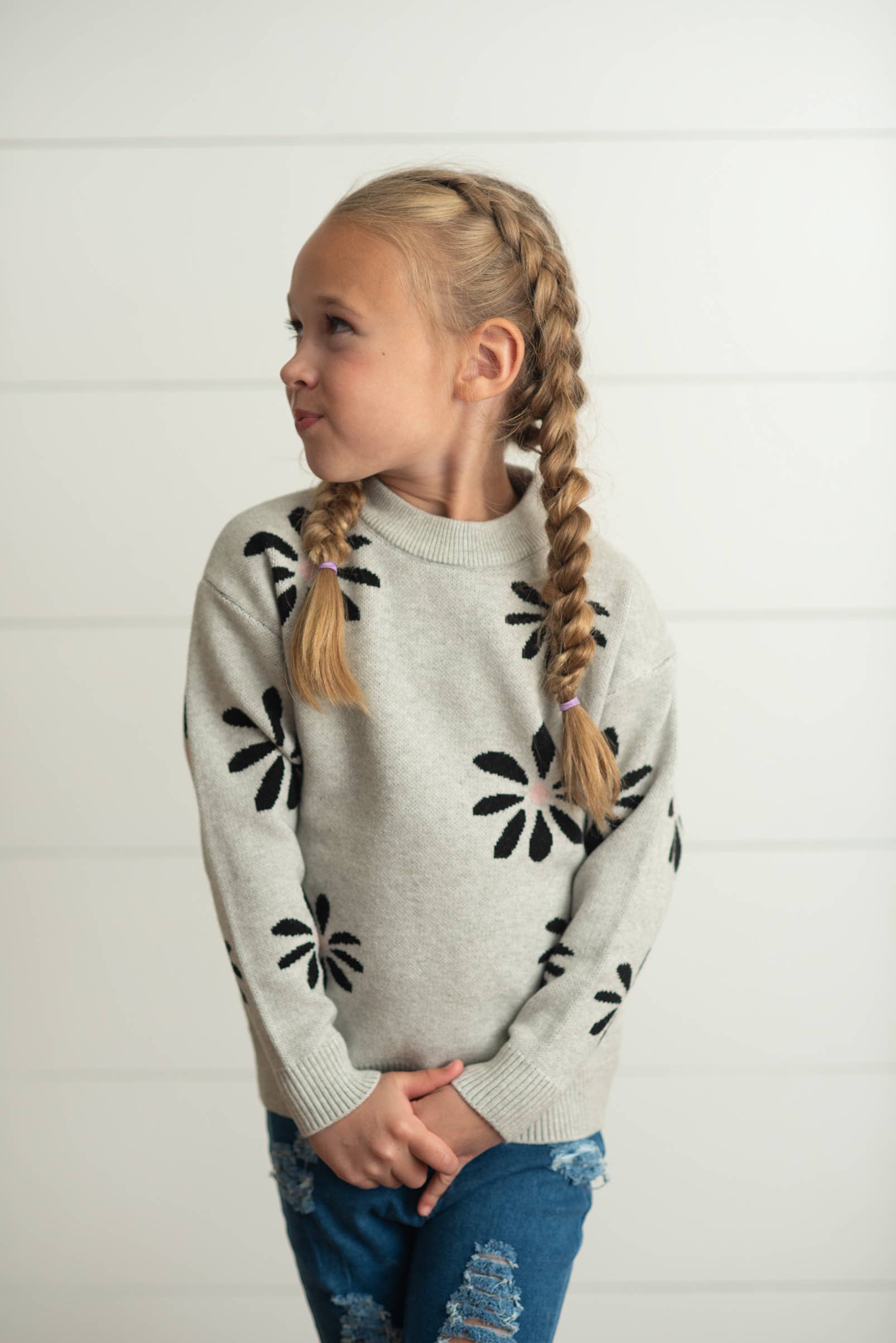 Oopsie Daisy - Vente Pull en maille – enfant - Pull automne-hiver à col rond à fleurs gris clair pour enfants3