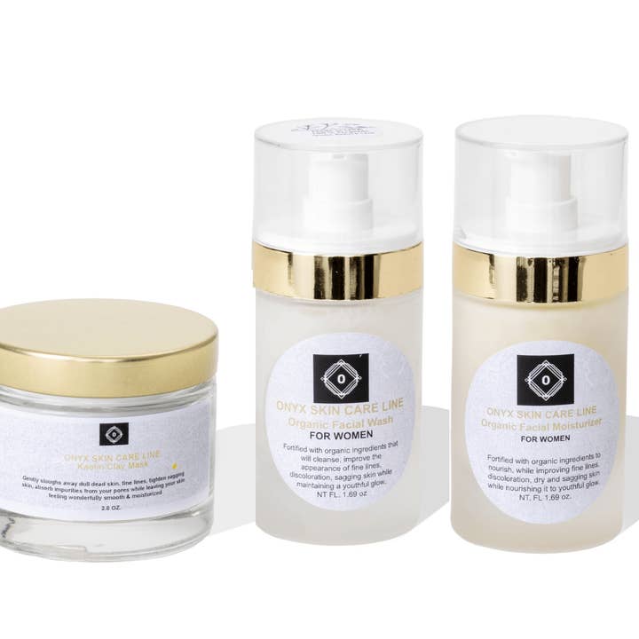 Organiskt trestegssystem för ansiktsvård - Tvätt, fuktkräm & kaolinleramask - För KVINNOR för wholesale av Onyx Skin Care Line