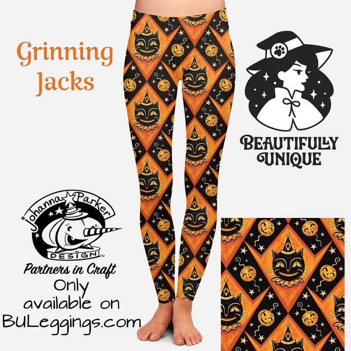 Beautifully Unique® Leggings – wholesale Modeleggings – Dam – "Grinning Jack" (Johanna Parker Exclusive) Orange Vintage Cat - Högkvalitativa Handgjorda Livfulla Leggings