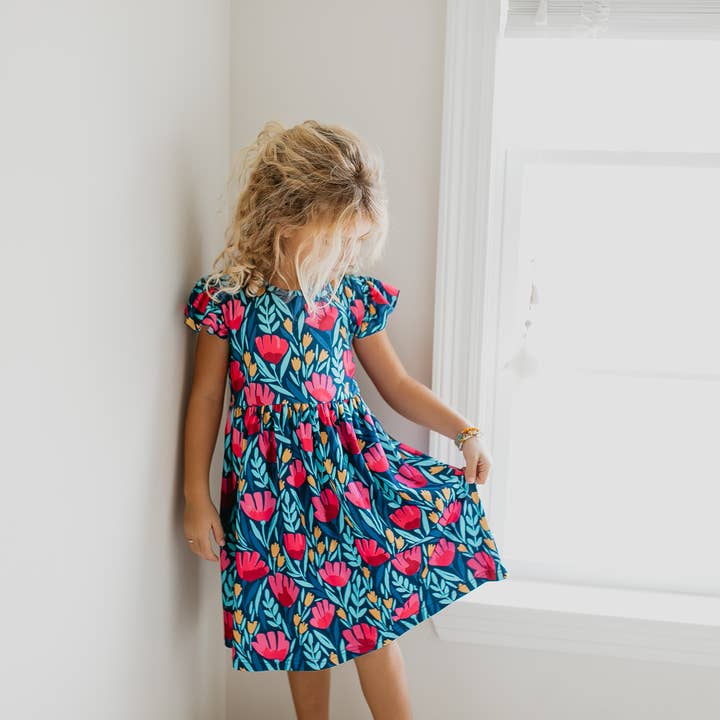 Adorable Sweetness - Wholesale Dress - Kids - Kids Blue Floral Flutter Sleeve Summer Dress2