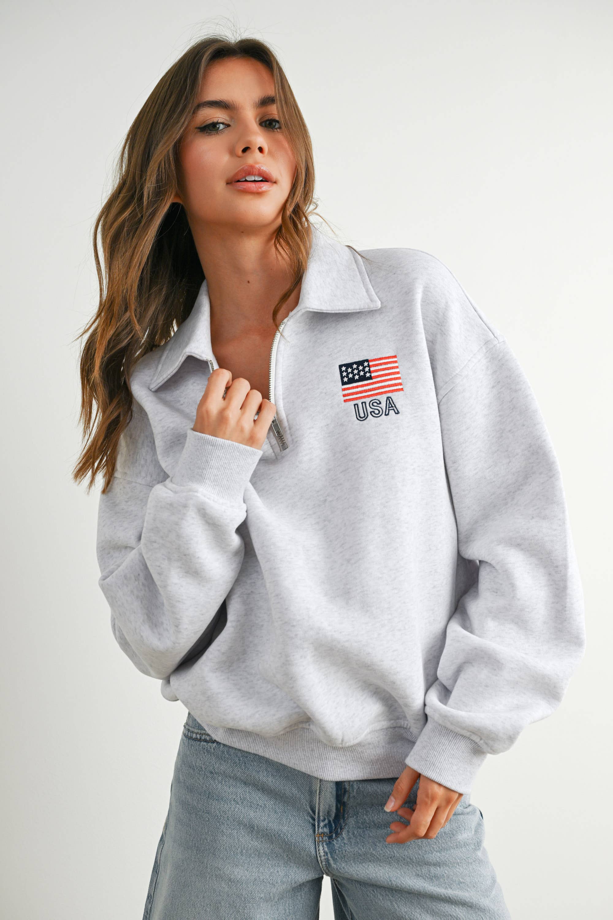 BUTTERMELON - Wholesale Sweatshirt - Women's - Loose Collared Quarter-Zip Top - BMT77942