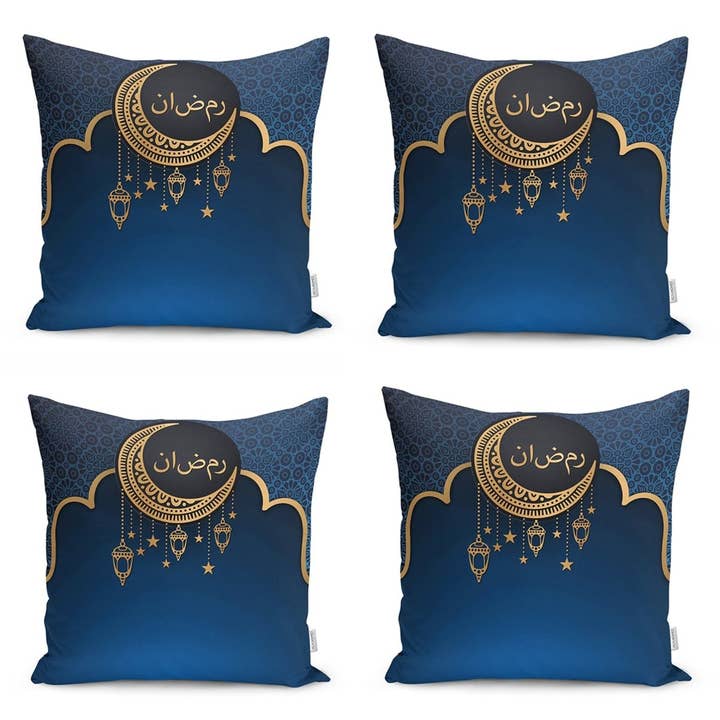 Aladdin - Wholesale Throw pillow cover - Crescent Motif and Arabic Lantern Detailed Ramadan Digital Printed Runner and Cushion Pillow Cover Set1