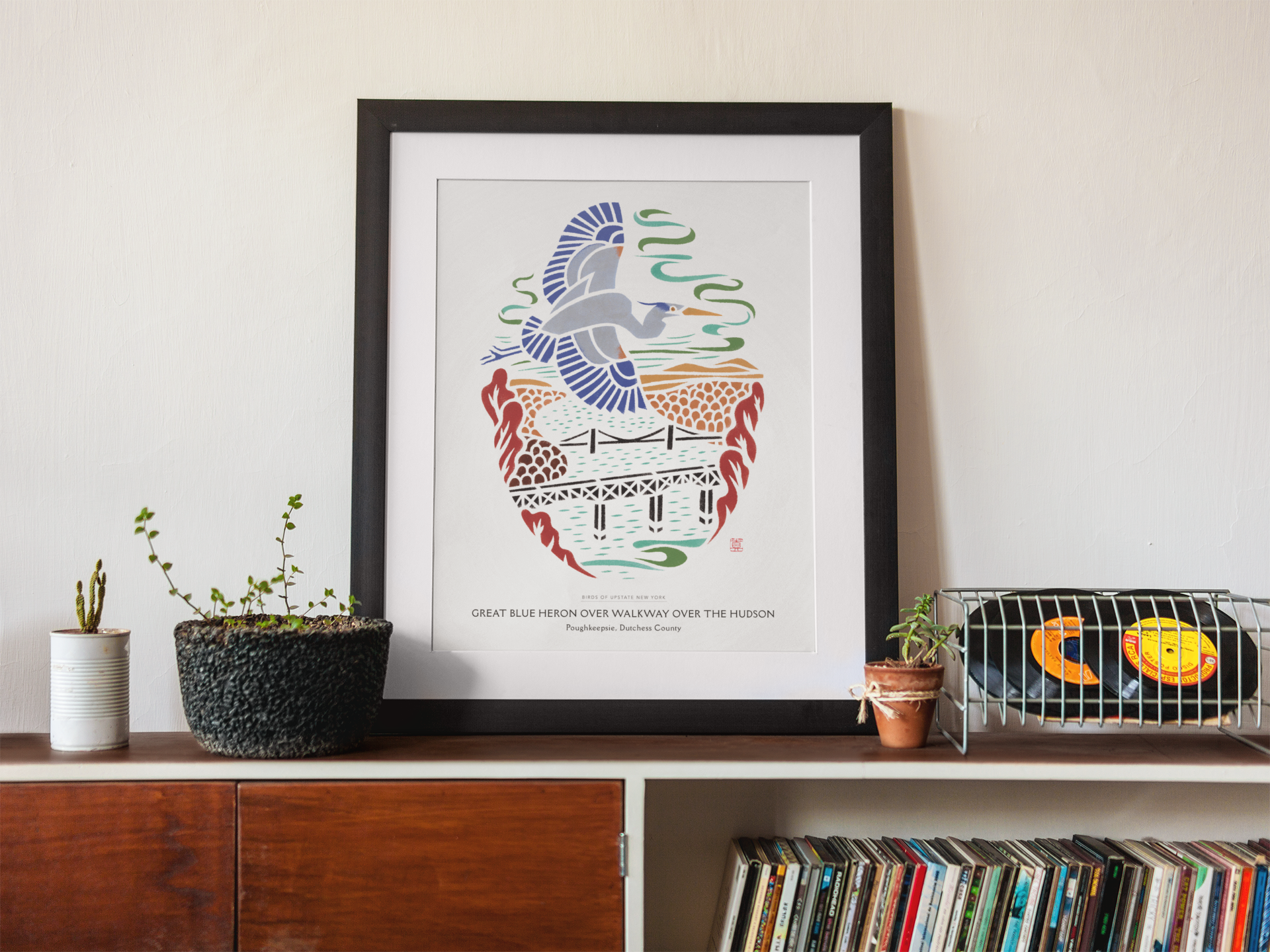 Mayuko Fujino Bird & Nature Art - Wholesale Art Print - Art print: Great Blue Heron over Walkway over the Hudson2