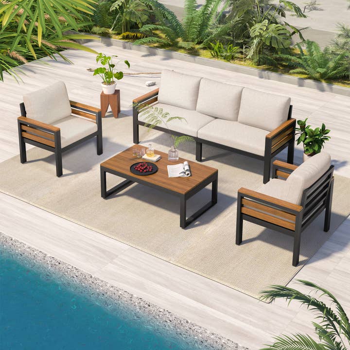 Beige 4-Piece Outdoor Sofa Set with Acacia Armrests & Coffee Table for wholesale on Faire