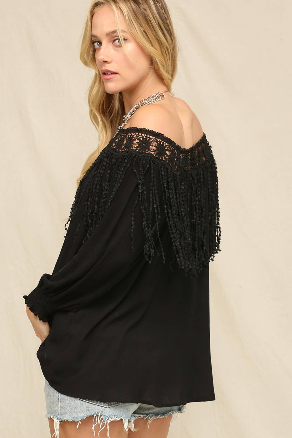 Black Lightweight Flowy Top With A Crochet Lace for wholesale on Faire5