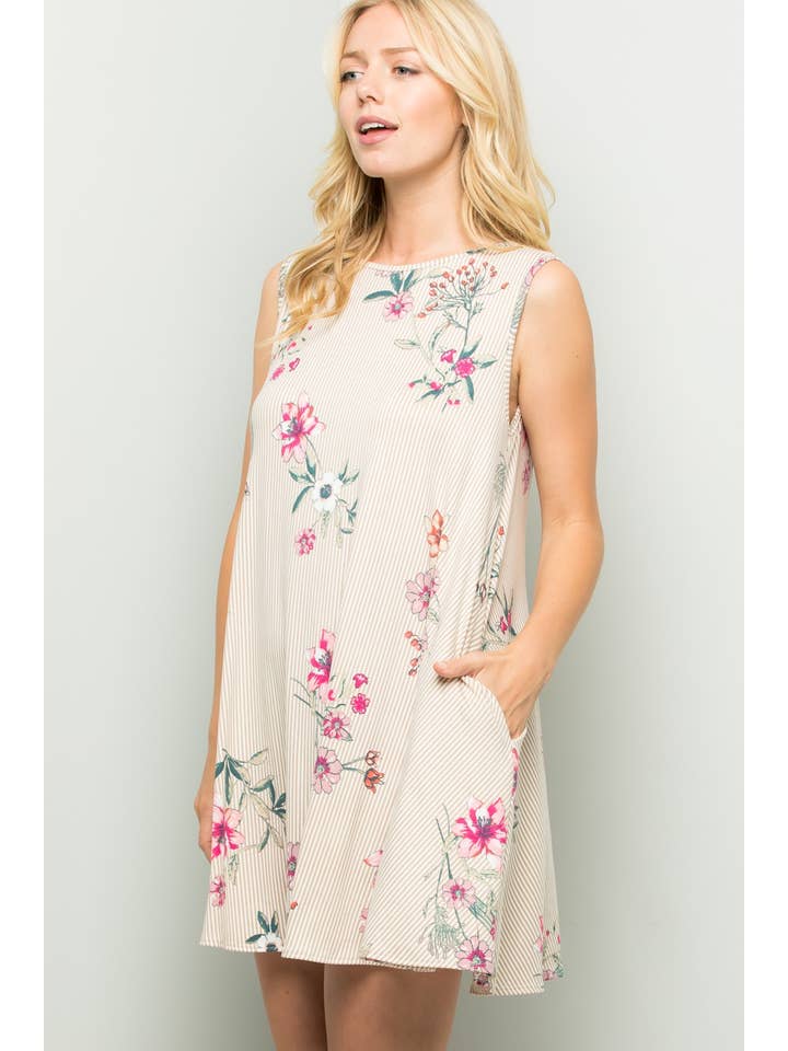 SAND D31002-M Striped Floral Print Dress With Side Pockets for wholesale on Faire