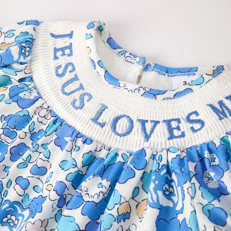 Auraquise - Wholesale Bodysuit (Non-Footed) - Baby - Baby Girls "JESUS LOVES ME" Blue Floral Smocked Embroidery Romper2