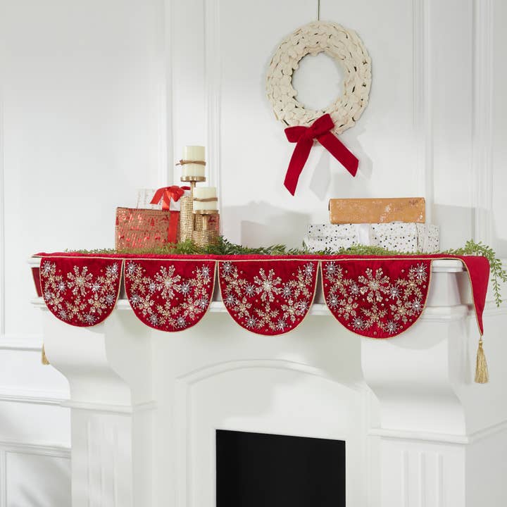 Arcadia Home - Wholesale Mantle Scarf - Red Velvet Christmas Mantle Scarf, Hand Beading, Embroidery6