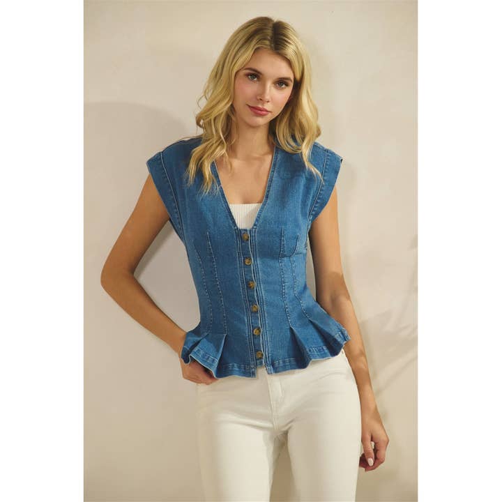 Button Down Peplum Denim Vest Top for wholesale by Veveret