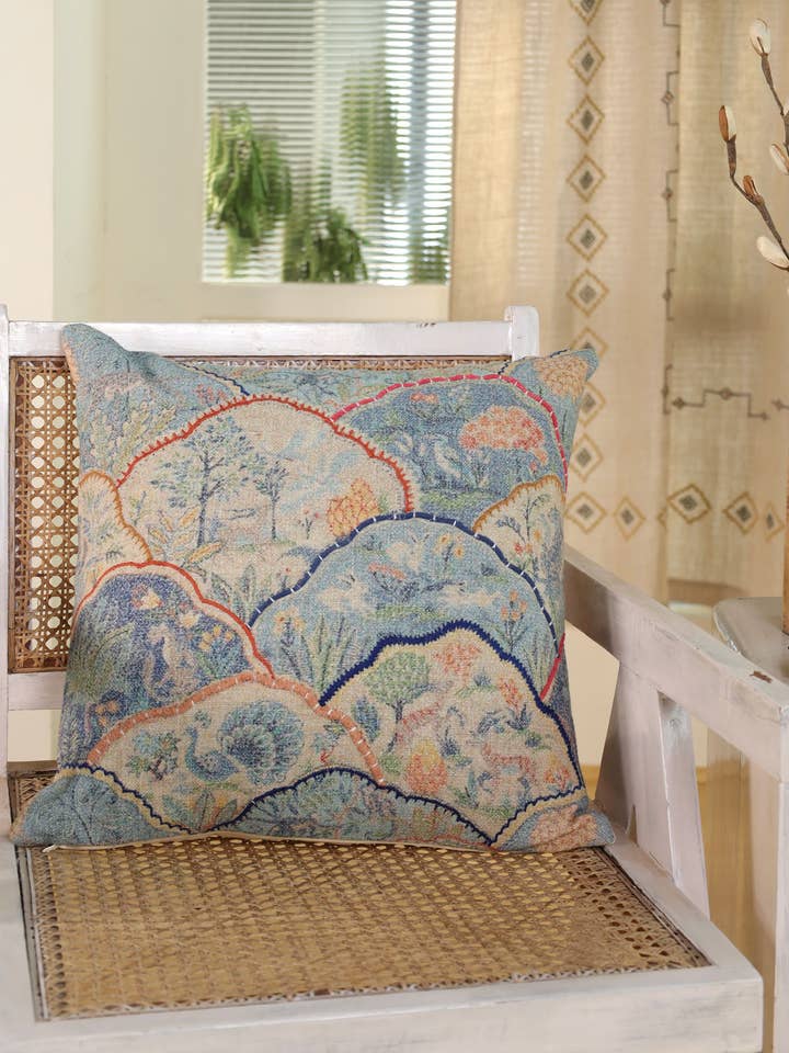 Printed Japanese Garden Linen Cushion Cover with Embroidery for wholesale by Eyda Homes