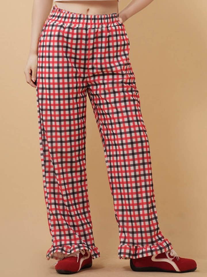 Ladies Checked Ruffle Flared Leg Pants 8SKP51309 for wholesale by Sweetkama