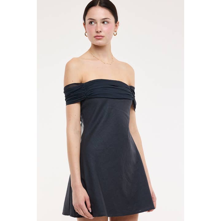 LINEN OFF SHOULDER BACK TIE POINT TUBE MINI DRESS for wholesale by Sky to Moon