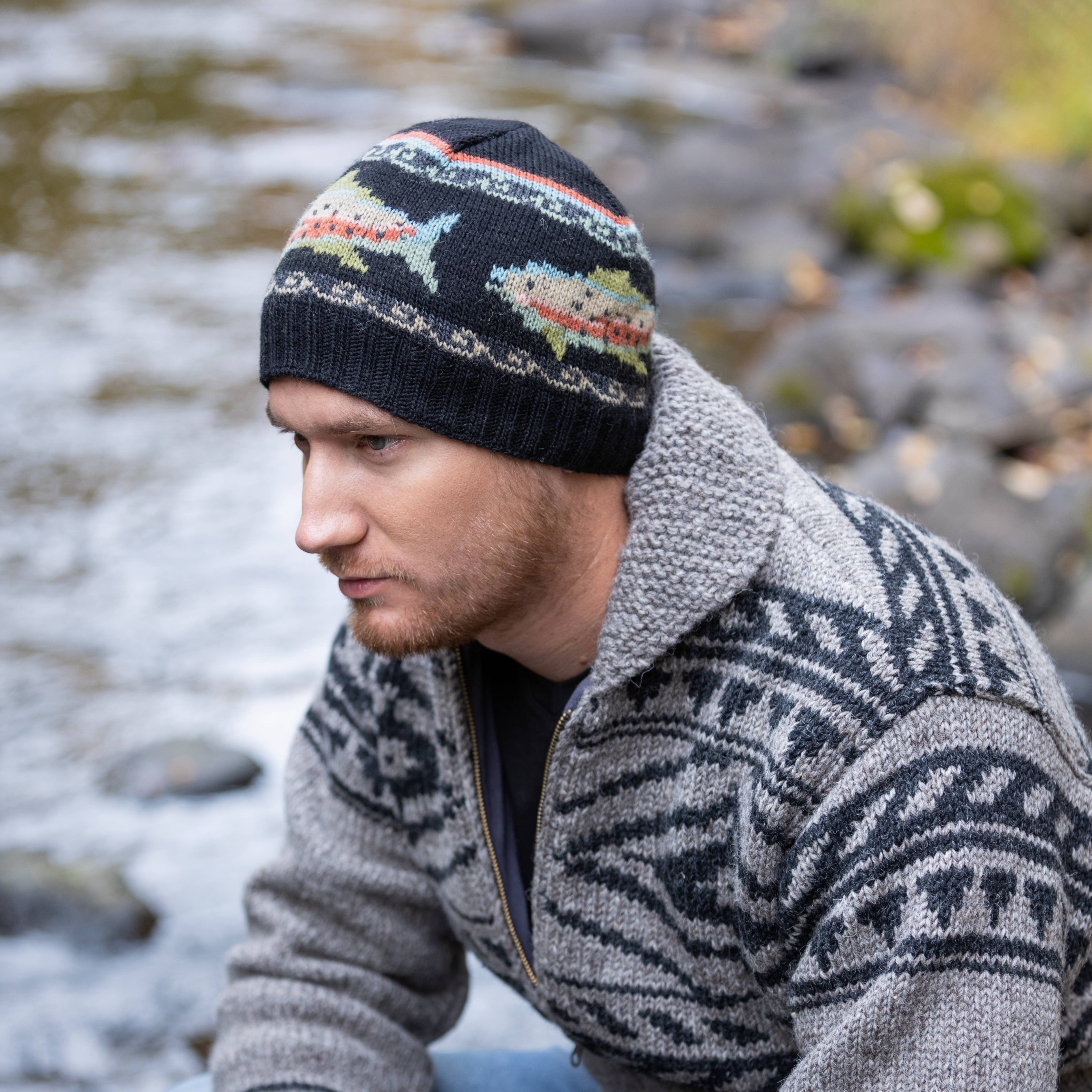 Lost Horizons Knitwear – Ships from USA - Vente Bonnet – homme - Bonnet en laine avec motif de truite1