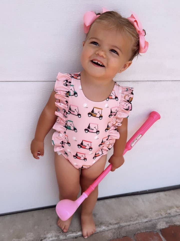 SIIX Collection - Wholesale One Piece Swimsuit - Kids - Pink Golf Cart / Monaco Swimsuit / UPF 50+