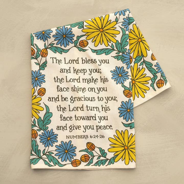 Canovaccio da cucina "The Blessing" con versetto biblico - A colori pieni - A fiori gialli per la vendita all'ingrosso da parte di Little Things Studio