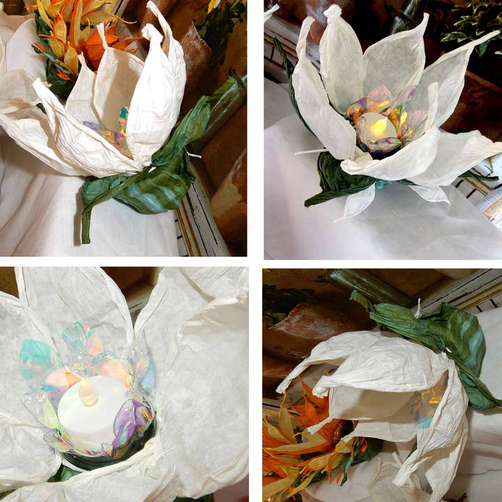 Portacandele LED a forma di fiore di elfo realizzato in carta, filato e vetro per la vendita all'ingrosso da parte di Andrea van Angel