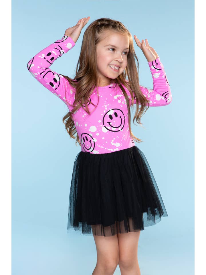 Simply Soft Long Sleeve Be Happy Tulle Dress - Pink Splatter Smile for wholesale on Faire