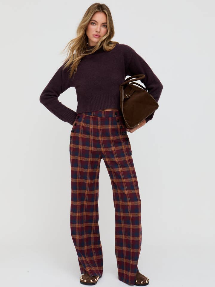 Damson High Waisted Tartan Print Trouser In Burgundy for wholesale by Lily and Lionel