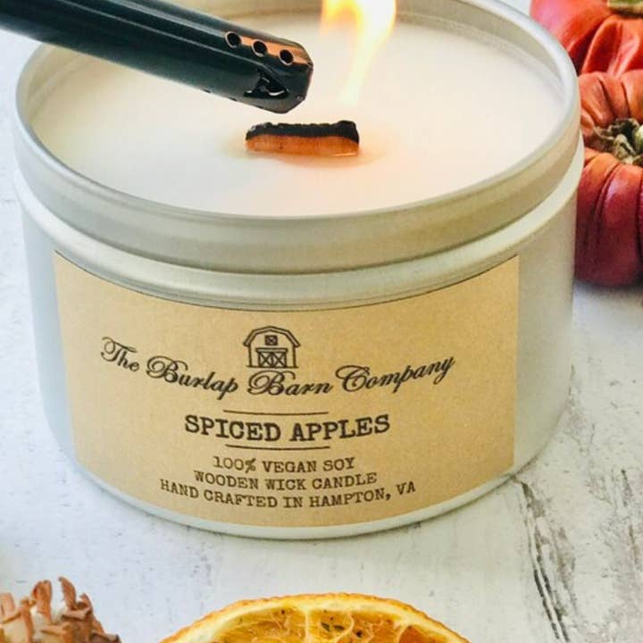 The Burlap Barn Company - Wholesale Travel Candles - Holiday 8 oz. Candle Tins, 100% Soy Wooden Wick Candles2
