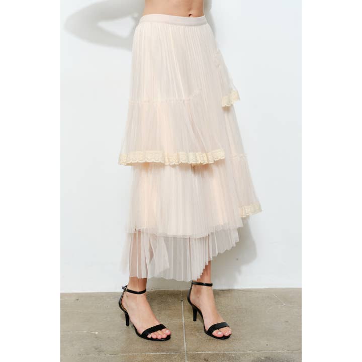 INA - Vente Jupe – femme - Jupe midi superposée élégante avec bordure en dentelle transparente10