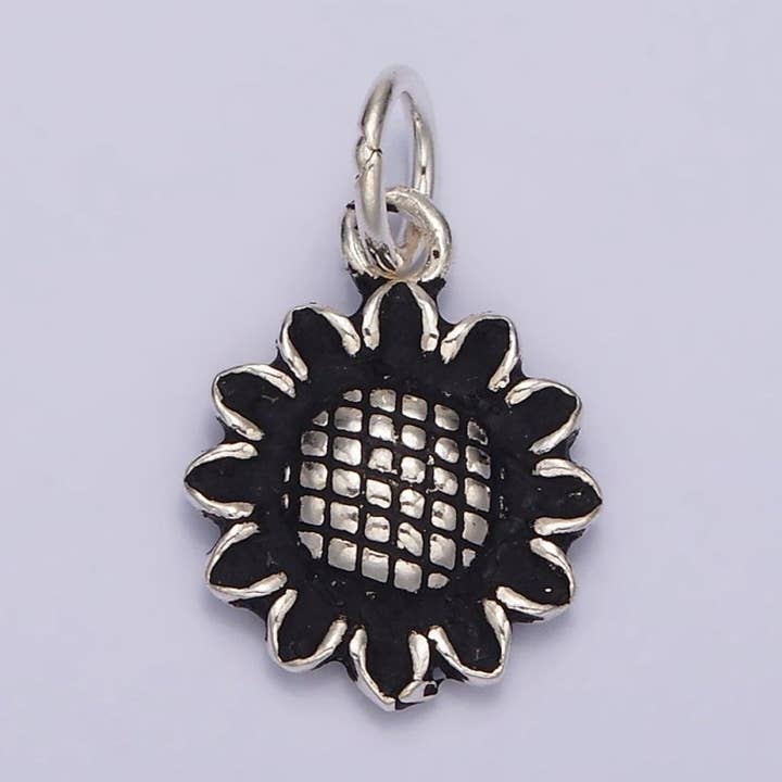 S925 Sterling Silver 18mm Sunflower Nature Black Charm | SL-364 for wholesale by Aim Eternal