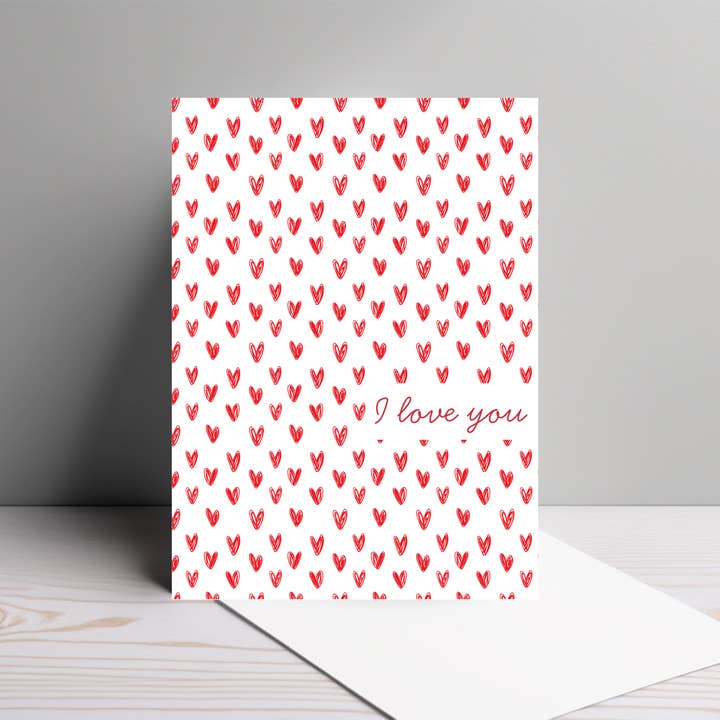 I Love You | Red Heart Pattern Greeting Card for wholesale by By Megan