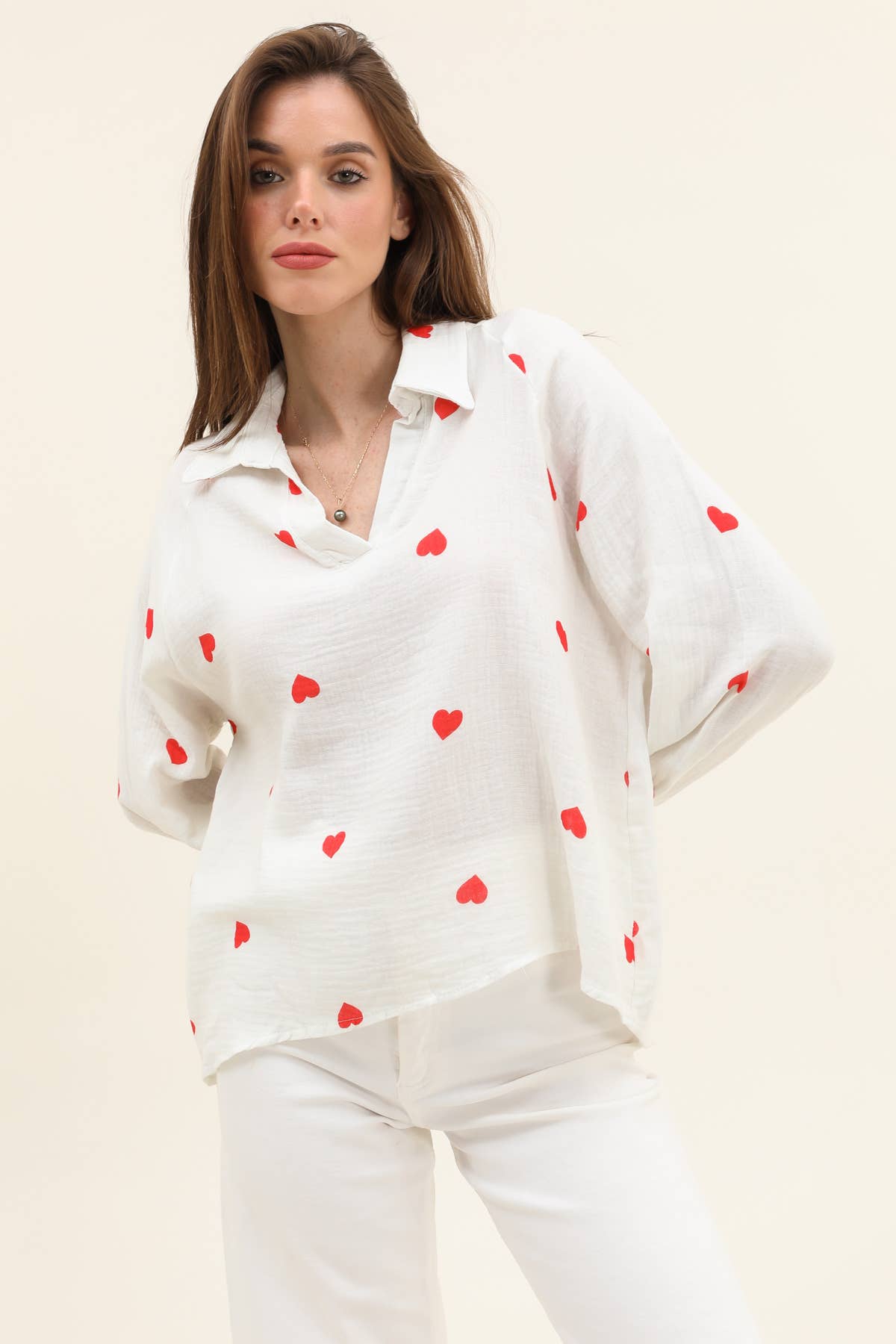 Moonsun - Wholesale Blouse - Women's - French collar allover heart print cotton gauze blouse0