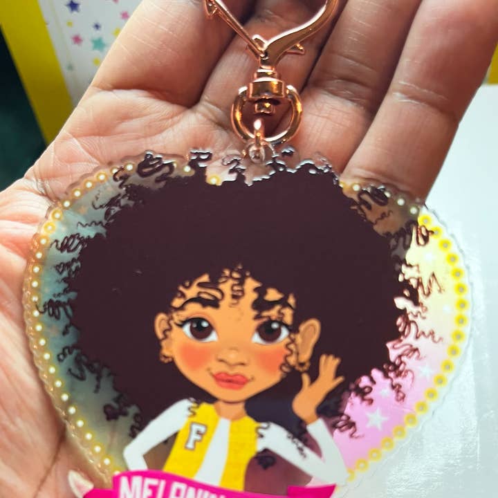 Melanin Magic Afro Mixed Race Girl Keyring/ Bag Charm by Fefus Designs for wholesale by Fefus Designs