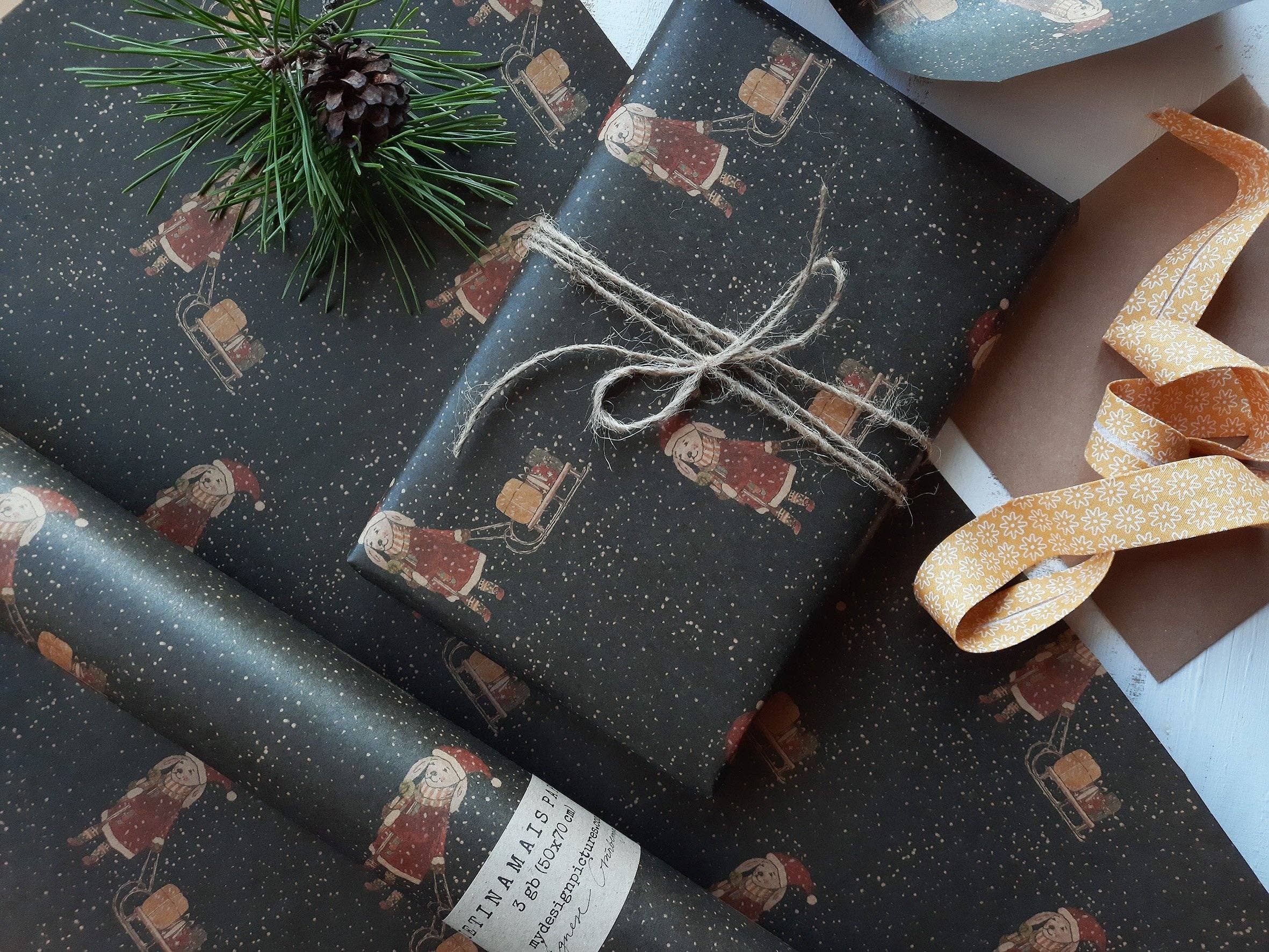 MyDesignPictures - Wholesale Wrapping Paper Roll - Set Of 3 Pieces Bunny With Sled Kraft Wrapping Paper1