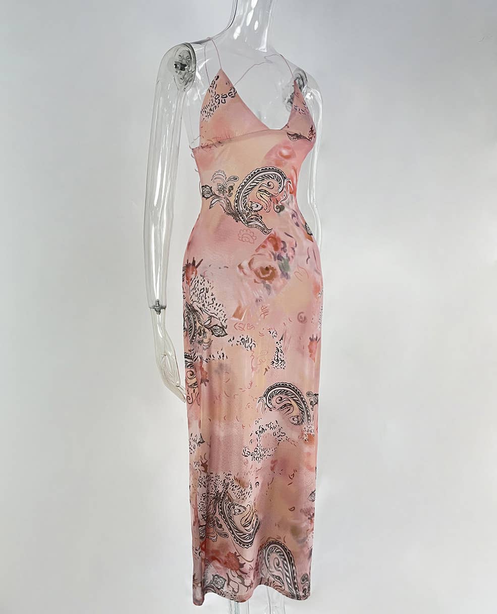 HIDDENBRAND - Wholesale Dress - Women's - Boho unique print sheer Mesh Butterfly Back Maxi Dress1