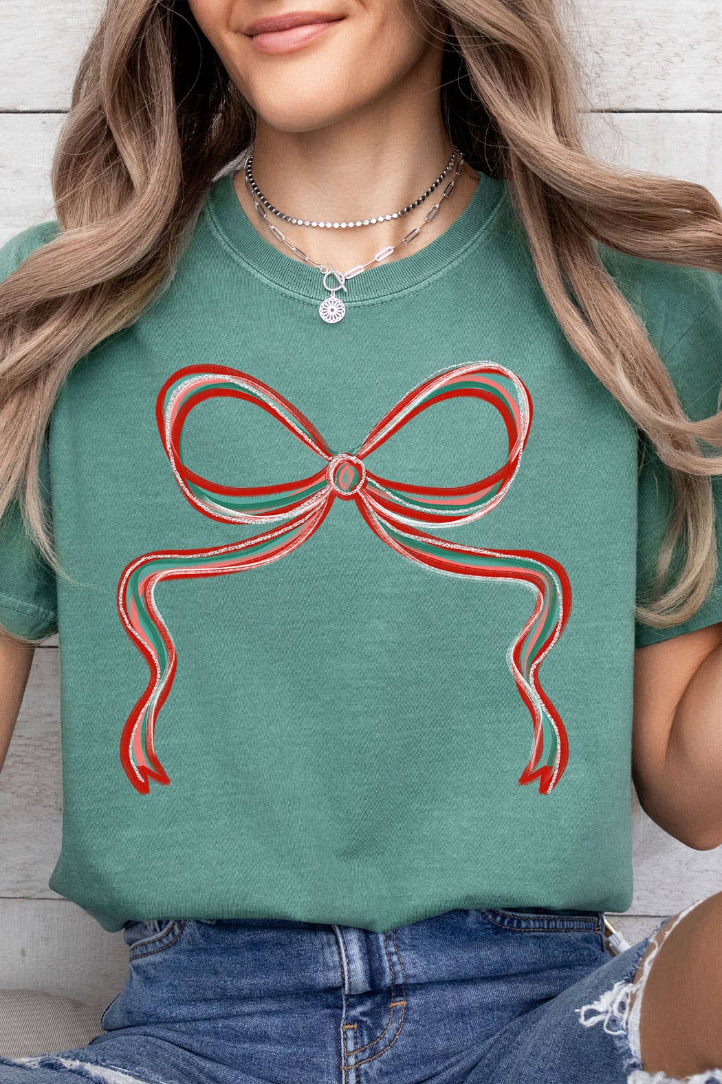 Kissed Apparel – wholesale Screen printed t-shirt – Women′s – Teal And Red Christmas Bow Comfort Colors Tee6