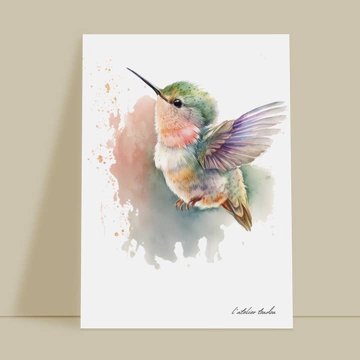 Decorazione da parete per cameretta con colibrì, acquerello realistico, tema animale per la vendita all'ingrosso da parte di L'atelier Toudou