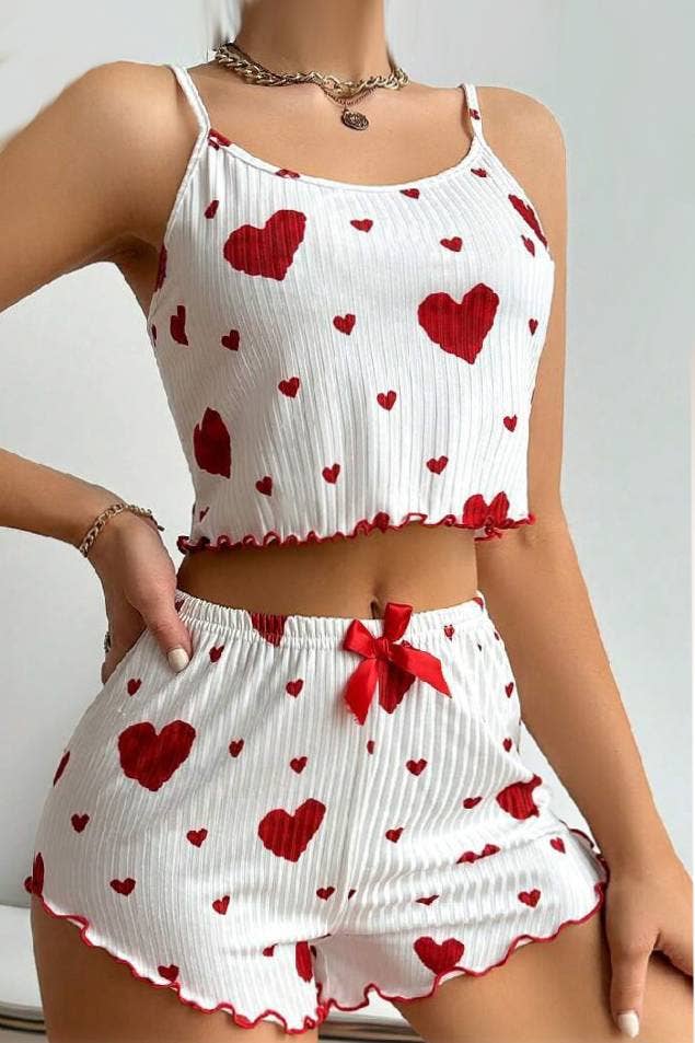 HIDDENBRAND - Wholesale Lounge Set - Women's - Valentines Red Heart Print cami short pajama Lounge Set4