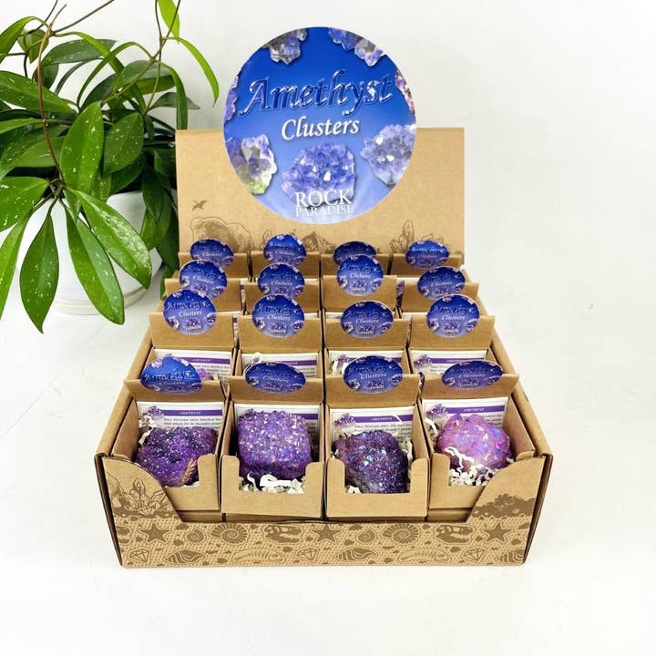 Amethyst Aura Crystal Geodes Box - Spiritual Stone Display for wholesale by Rock Paradise