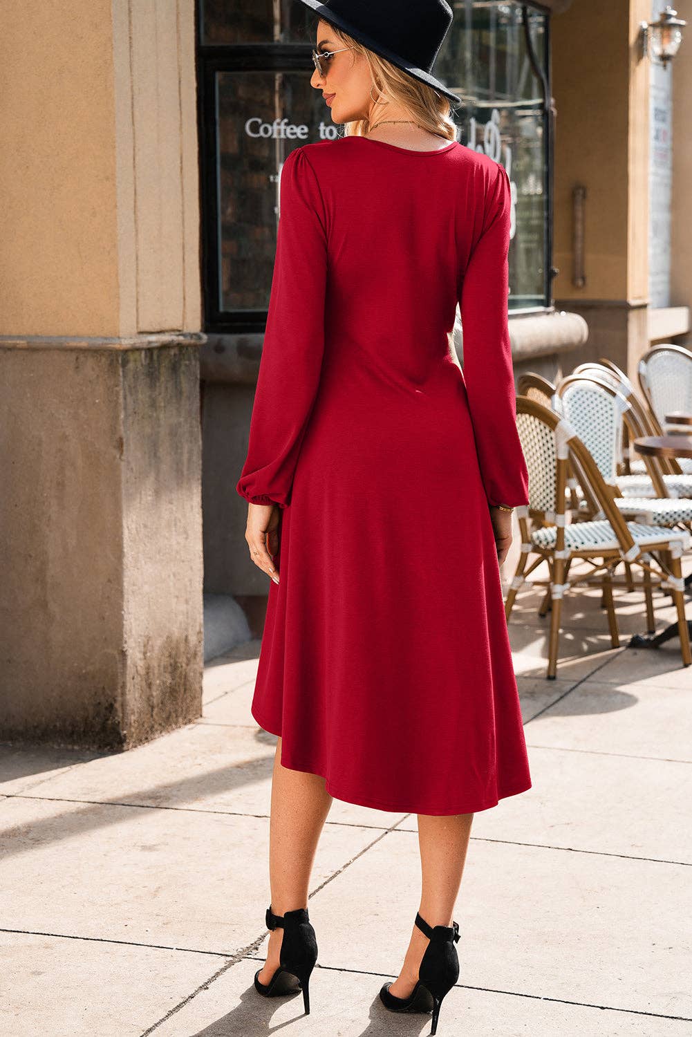 Fiery Red Solid Ruched Long Sleeve Midi Dress for wholesale on Faire1