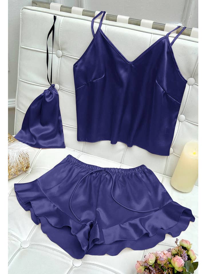 Anna Kaci Wholesale - Wholesale Lounge Set - Women's - Satin Tank and Ruffle Hem Shorts17