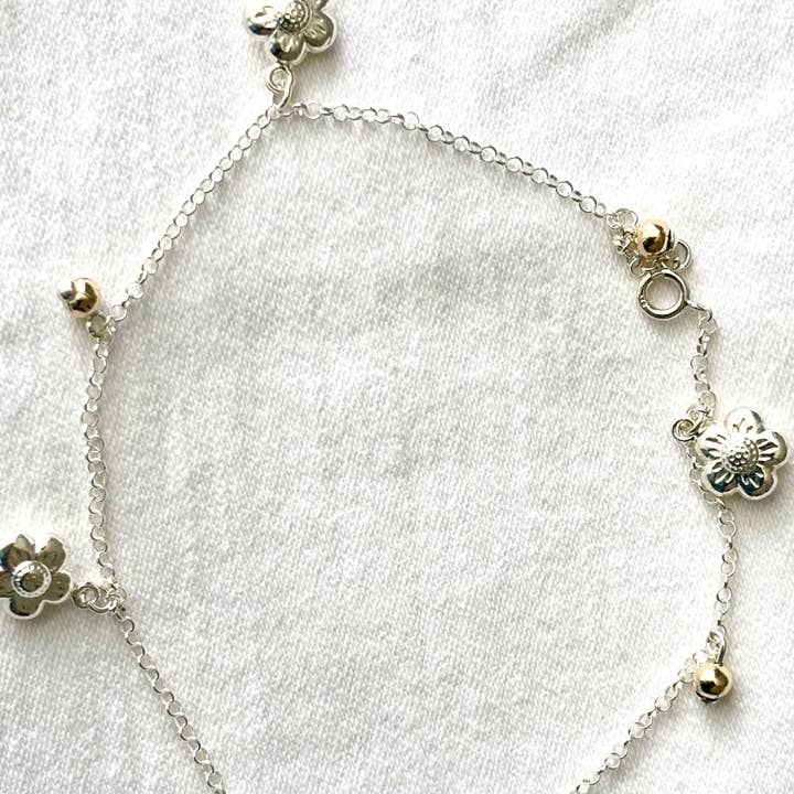 Bracelet-Cheville Fleurs Argent 925 et Or 8K pour la vente par QURI