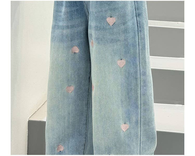 Blue Girls' Wide-Leg Jeans with Heart Embroidery for wholesale on Faire2