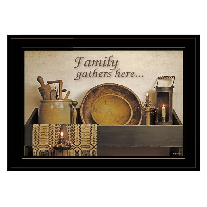Impression « Family Gather Here » de Susie Boyer dans un cadre noir pour la vente par Trendy Decor 4U