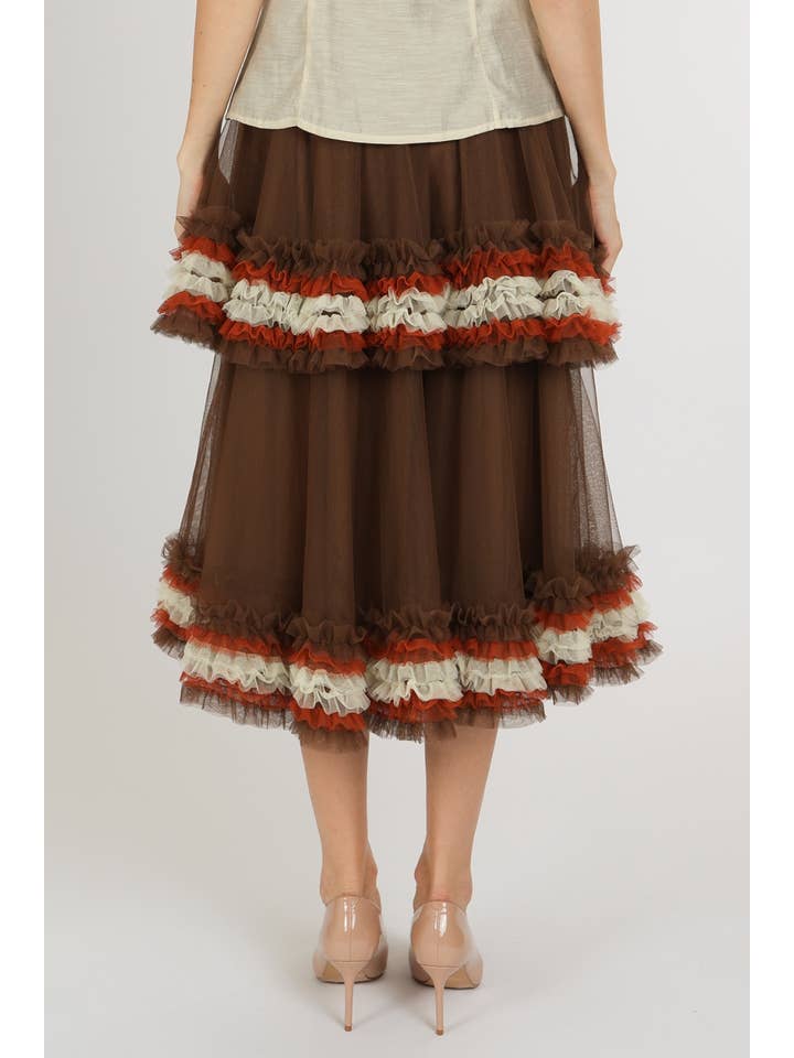 COFFEE Tricolor Tiered Ruffles Flounce A-Line Midi Skirt MC5373 for wholesale on Faire2