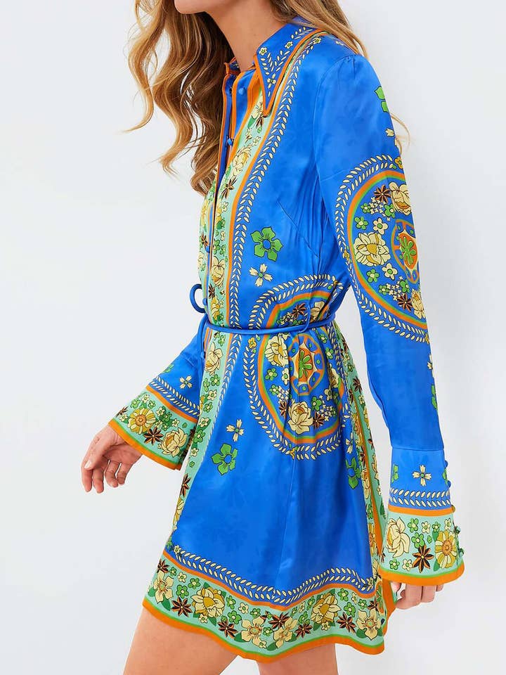Blue Exquisite Boho Floral Flared Sleeve Belted Shirt Dress for wholesale on Faire