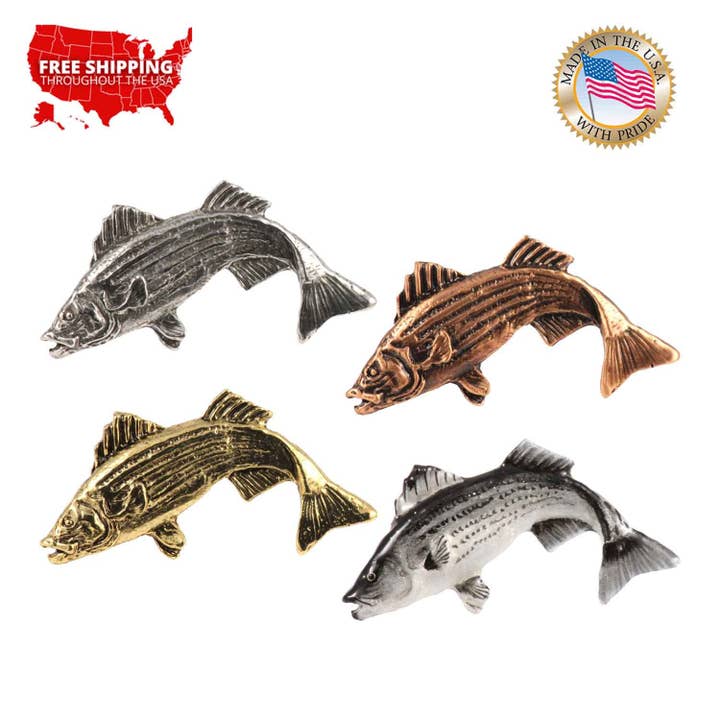 Creative Pewter Designs – Großhandel Anstecker/Button – Striped Bass Springender Fisch Zinn Anstecknadel oder Magnet S049