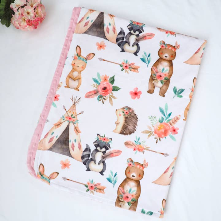 Honey Lemonade- Minky Baby Blankets and Gifts – wholesale Bedding blanket – Kids & Baby – Baby & Toddler Minky Blanket - Woodland Tribe Pink7