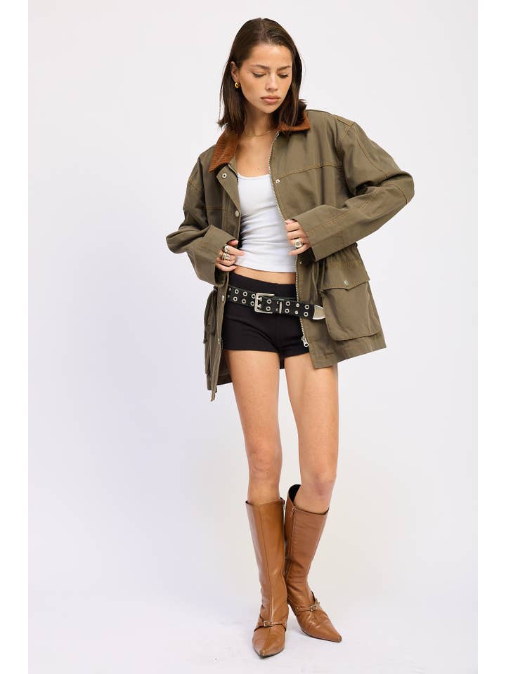 OLIVE PANELED CHORE JACKET WITH WAIST TIE for wholesale on Faire4