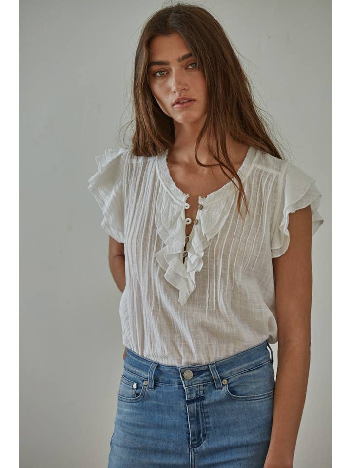 By Together - Wholesale Blouse - Women's - L6502 | Woven Cotton Linen Button V-Neck Short Sleeve Top