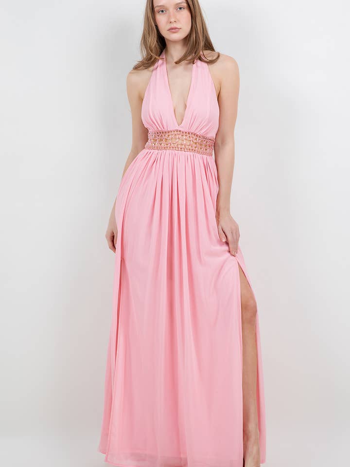 DM4196 DEEP V-NECK SLEEVELESS WAIST BEADING MAXI DRESS for wholesale by Miss Avenue