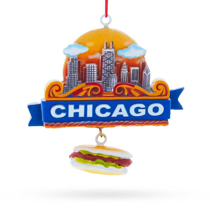 Chicago Skyline with Hot Dog Resin Christmas Ornament for wholesale by BestPysanky