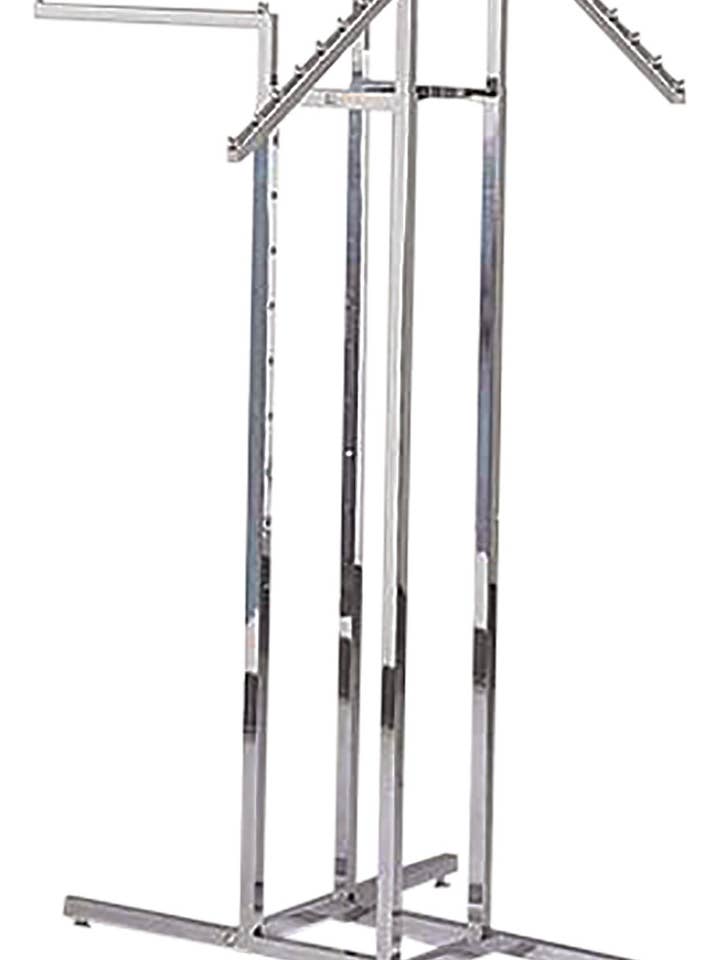 Chrome 4-Way Clothing Rack with 2 Straight and 2 Slant Arms for wholesale by Store Supply Warehouse
