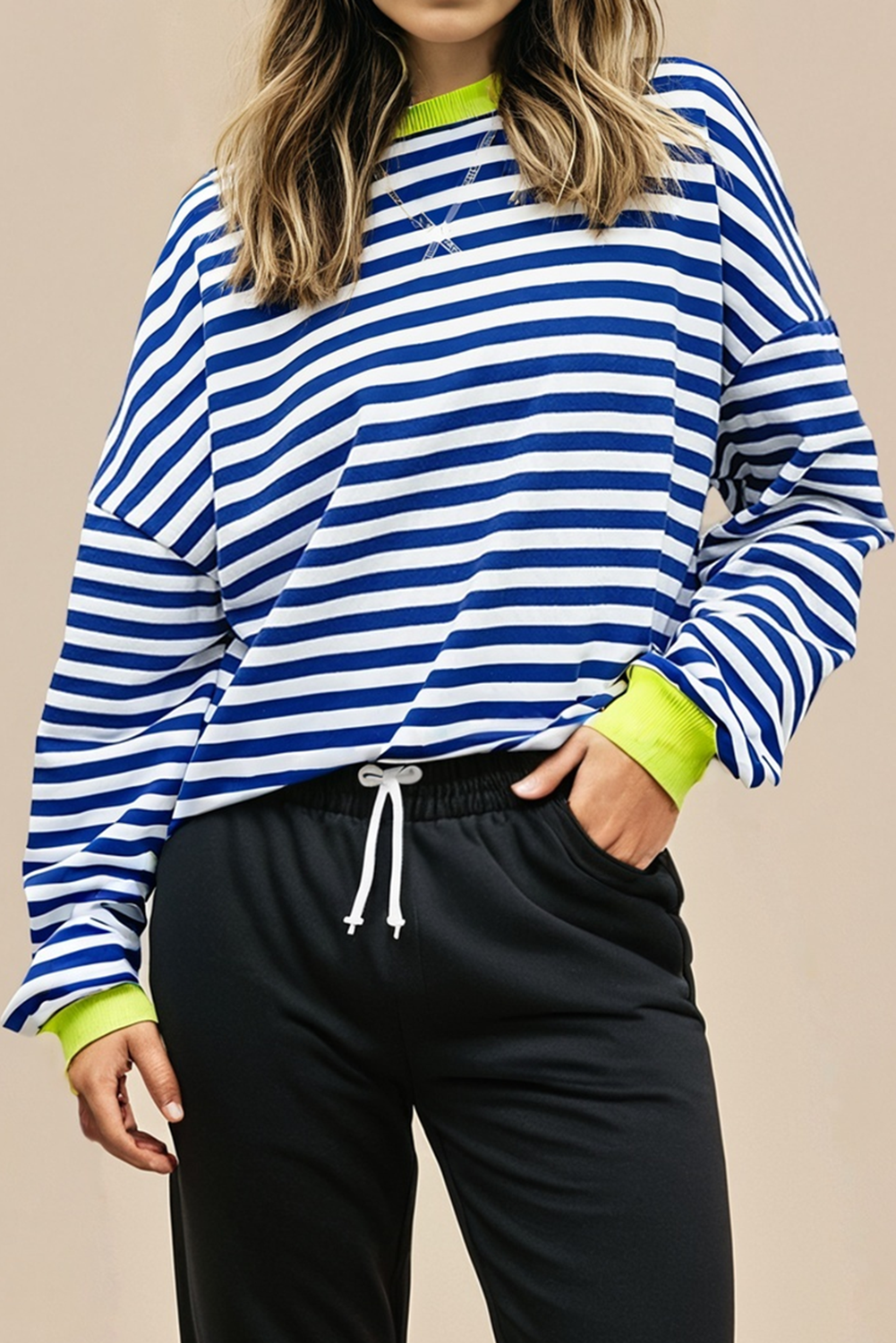 LA Society - Vente Sweat-shirt – femme - Sweat-shirt à rayures contrastées avec point croisé et épaules tombantes2